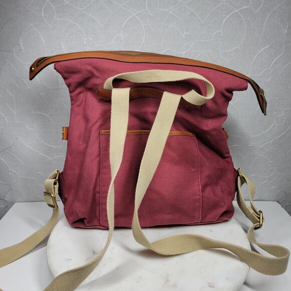 GILI Embroidered Canvas Backpack 13" Red Tan Leather Trim Adj Straps‎ Zipper - Picture 6 of 16
